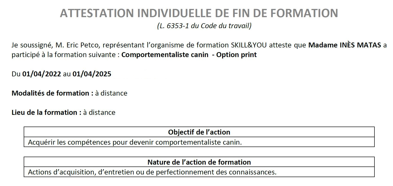 Certificat de formation